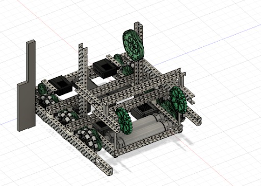 Early CAD of the Over Under robot: drivebase and frame