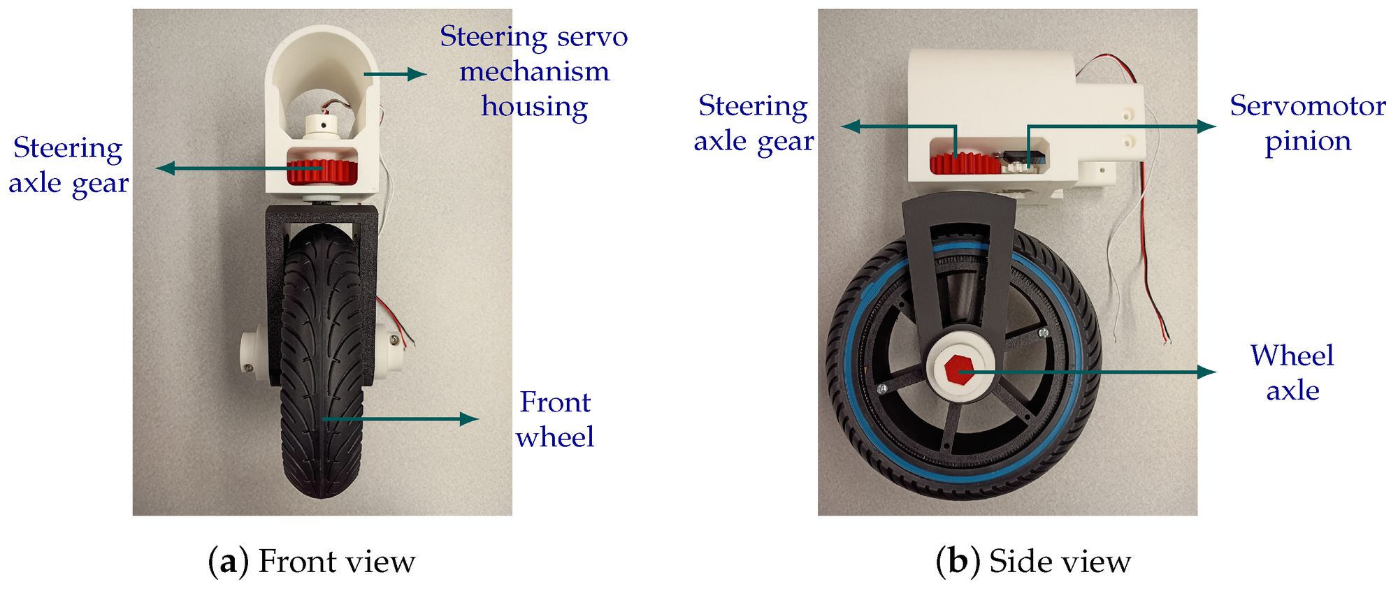 The built steering assembly from the front and the side, with the servo housing above the front wheel